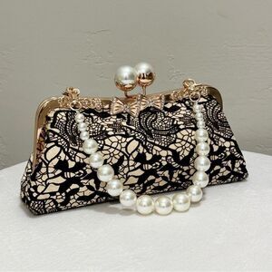 Lace Print Real Hair-on horsehide Pearl Kisslock Clutch/Wristlet/Crossbody
